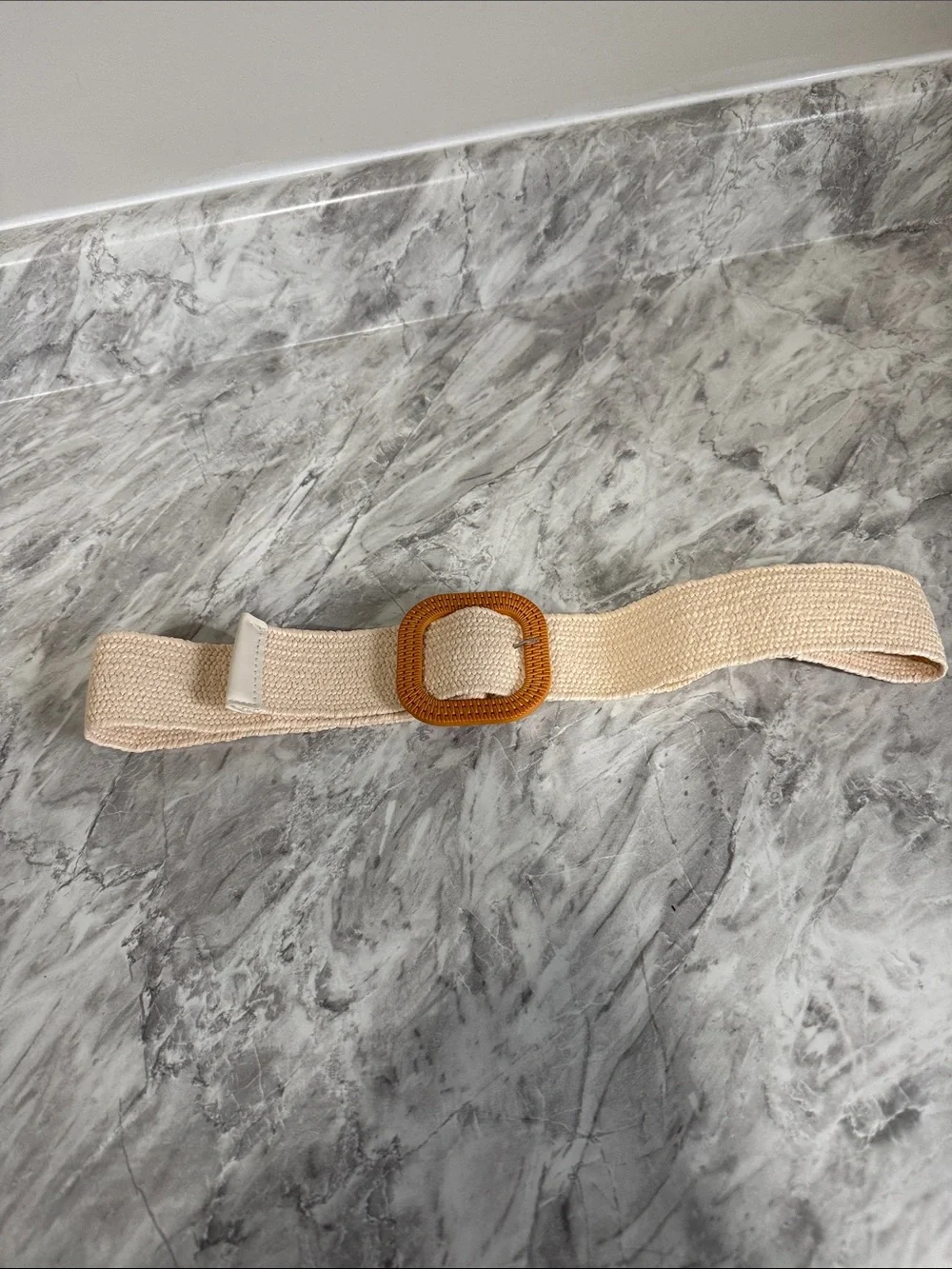 Vintage Ivory Stretch Woven Belt with Faux Bamboo Square Buckle Boho Coastal